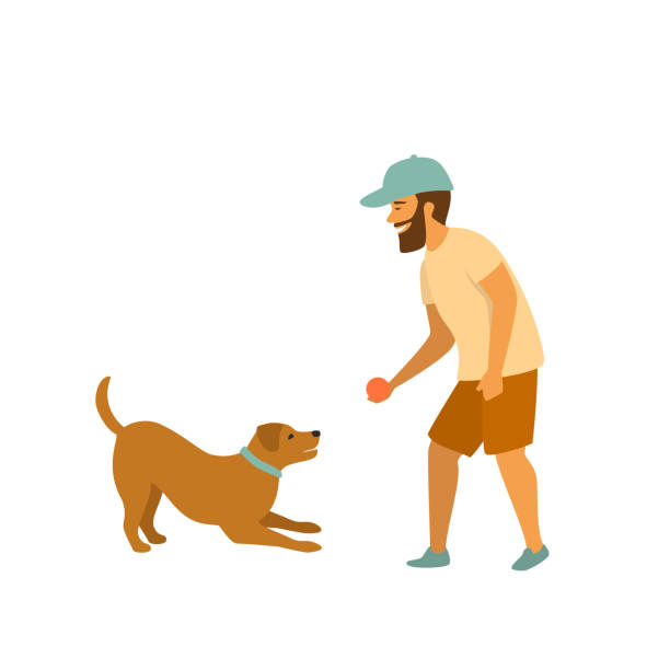 ilustrações, clipart, desenhos animados e ícones de homem é brincar com seu cão de estimação, buscando a cena do jogo de bola - apanhar comportamento animal