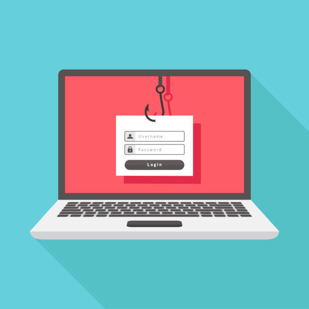 Internet crime flat design illustration Flat design concept for Internet crime phising enter an account on a laptop, fishing hook cruel stock illustrations