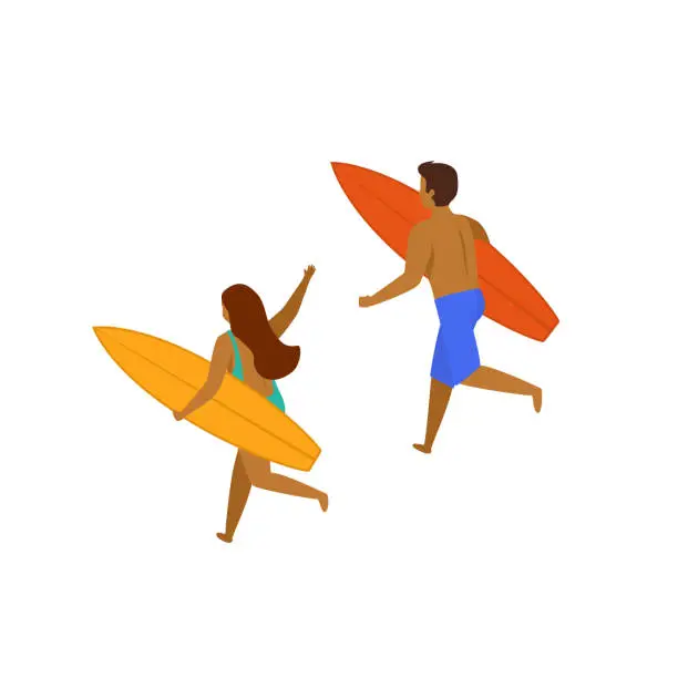 Vector illustration of man and woman surfers running with surfboards on a beach, backside view