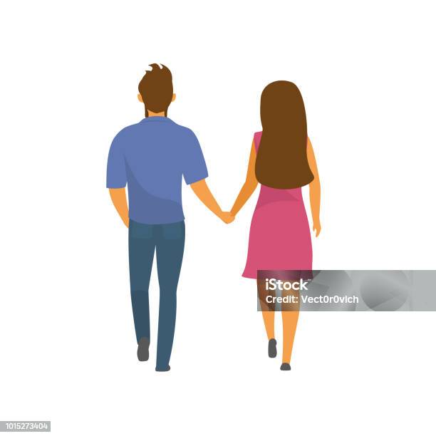 Paar Mann Und Frau Gemeinsam Gehen Hand In Hand Rückseite Ansicht Vektorillustration Stock Vektor Art und mehr Bilder von Paar - Partnerschaft