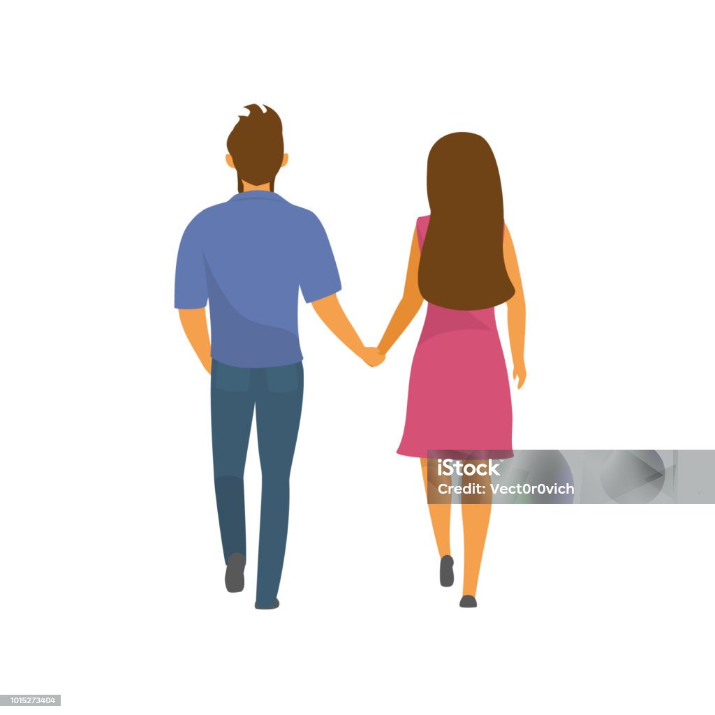 pareja, hombre y mujer caminar juntos agarrados de la mano ilustración de vector de vista parte trasera - arte vectorial de Parejas libre de derechos