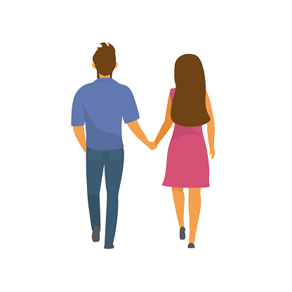 couple, man and woman walking together holding hands backside view vector illustration