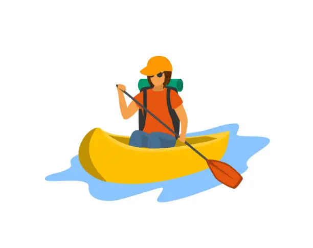 Vector illustration of young woman traveling paddling canoe isolated vector illustration