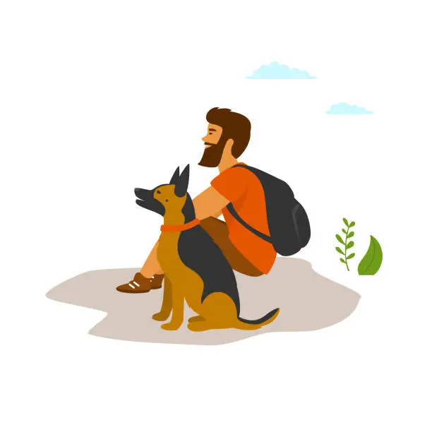 Vector illustration of man traveling alone with his dog scene