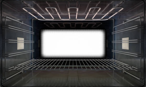 A cross section upclose view from inside an empty household oven looking towards the shut door - 3D render