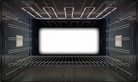 A cross section upclose view from inside an empty household oven looking towards the shut door - 3D render