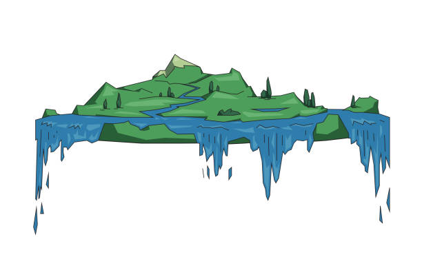 Big floating island with waterfalls, fantasy flat Earth concept. Flat line vector illustration. Colored cartoon style, isolated on white background. Big floating island with waterfalls, fantasy location. Flat line vector illustration. Colored cartoon style, isolated on white background. fantasy island waterfall stock illustrations