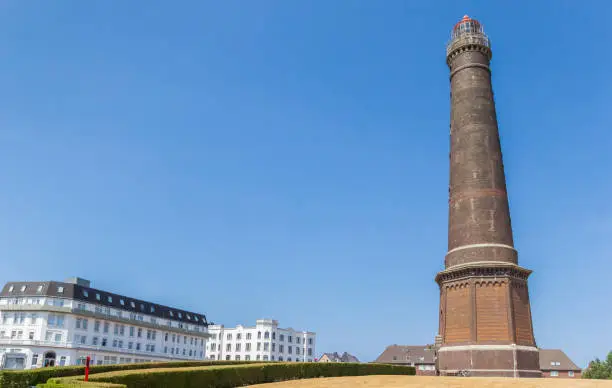 Lighthouse and historic buildings in the center of Borkum, Germany