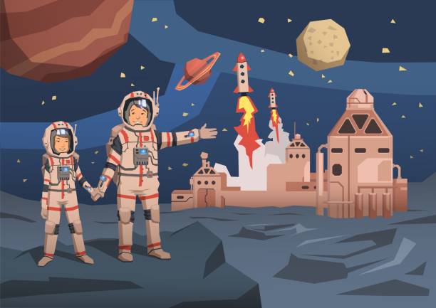 ilustrações de stock, clip art, desenhos animados e ícones de pair of astronauts observing alien planet with space colony and launching starships on the background. space travelling concept. flat vector illustration. horizontal. - map the future of civilization