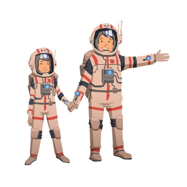 ilustrações de stock, clip art, desenhos animados e ícones de man and woman in space suits holding hands. astronauts couple, familly space travelling. flat vector illustration. isolated on white background. - map the future of civilization