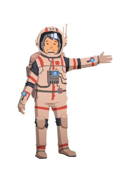 ilustrações de stock, clip art, desenhos animados e ícones de astronaut in space suit pointing out. flat vector illustration. isolated on white background. - map the future of civilization