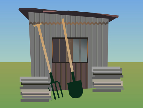 Vector illustration of gardening - old garden shed with farm tools - pitchfork and shovel on a grassy surface.