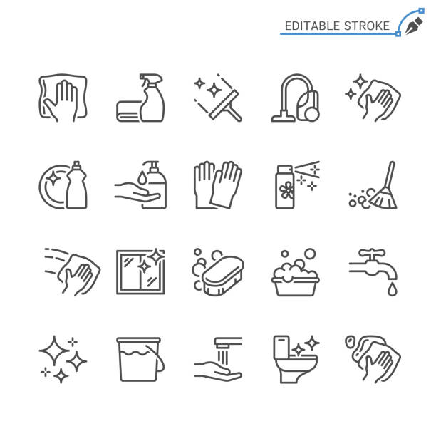 czyszczenie ikon linii. edytowalne obrys. piksel idealny. - equipment household equipment built structure household fixture stock illustrations