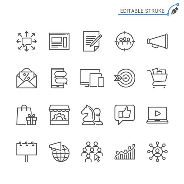 Marketing line icons. Editable stroke. Pixel perfect. Simple vector line Icons. Editable stroke. Pixel perfect. advertisement stock illustrations