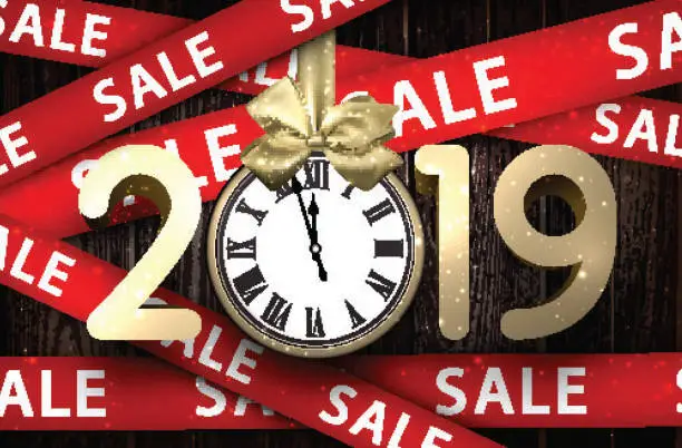 Vector illustration of Wooden sale 2019 background with gold clock and ribbons.