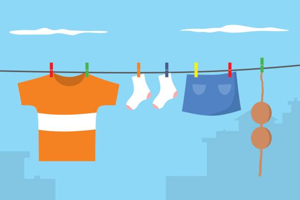 ilustrações, clipart, desenhos animados e ícones de roupas na linha de lavagem - hang to dry