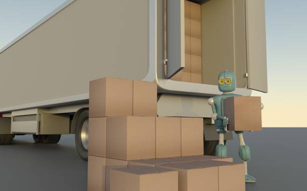 retro robot with shipping boxes load in truck render 3d. - delivery van imagens e fotografias de stock