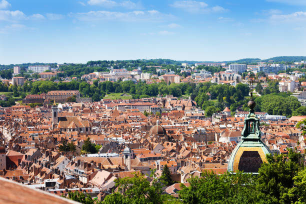 Besancon cityscape with St. Jean Cathedral dome Aerial view of Besancon with St. Jean Cathedral dome in the foreground in summer franche comte photos stock pictures, royalty-free photos & images