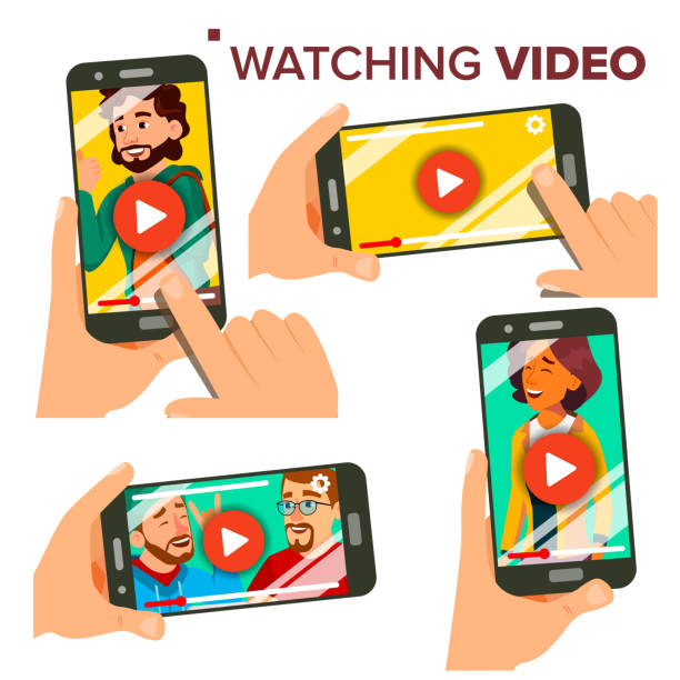 ilustrações, clipart, desenhos animados e ícones de assistir vídeo no vetor de smartphone. conjunto. telefone móvel. botão de símbolo de play vermelho. aplicativo de player de mídia de vídeo. ilustração plana isolada - mobile phone telephone human hand the media