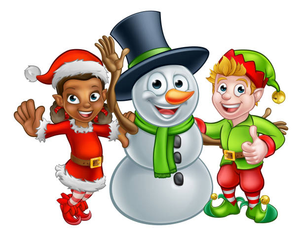 christmas elf santas helfer und schneemann - christmas three dimensional shape small men stock-grafiken, -clipart, -cartoons und -symbole