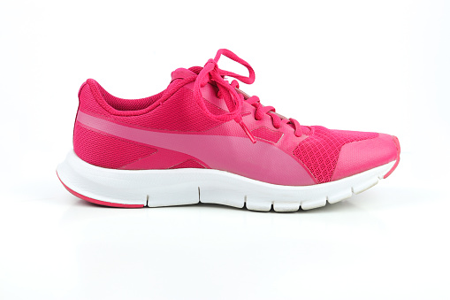 Running, pink, sport shoe for women on white background