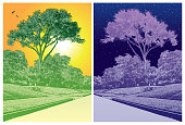 istock Landscape with road, residential houses among large trees  - day and night view. 1015305514