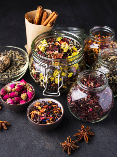 istock A set of various herbal and fruit teas in glass jars on a dark background. Medicinal herbs. A natural, eco product. 1015309082