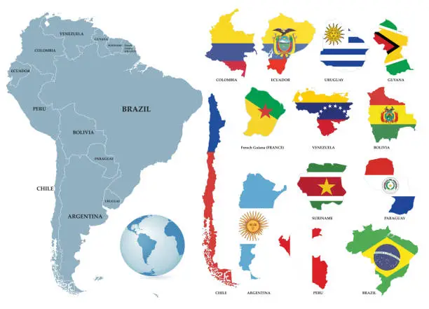 Vector illustration of Territories of countries on South America continent. Separate countries with flags.