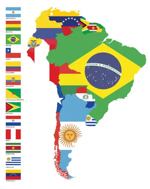 Vector illustration of Vector map of South America with flags