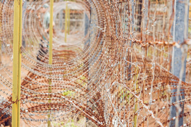 istock Barbed wire, a fence in prison. Prison concept. 1015315606