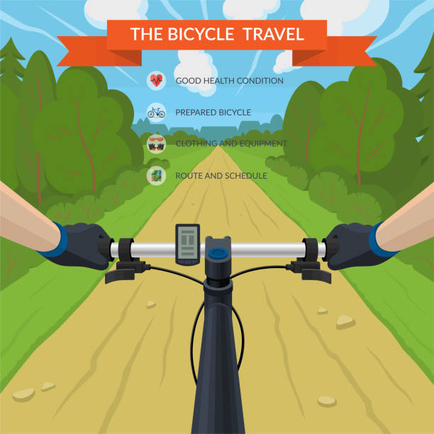Hands on the handlebar of a bicycle. Bike travel by forest road. View from the eyes of a cyclist. Vector illustration in flat style Hands on the handlebar of a bicycle. Bike travel by forest road. View from the eyes of a cyclist. Vector illustration in flat style bike hand signals stock illustrations