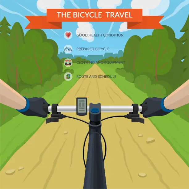 Vector illustration of Hands on the handlebar of a bicycle. Bike travel by forest road. View from the eyes of a cyclist. Vector illustration in flat style