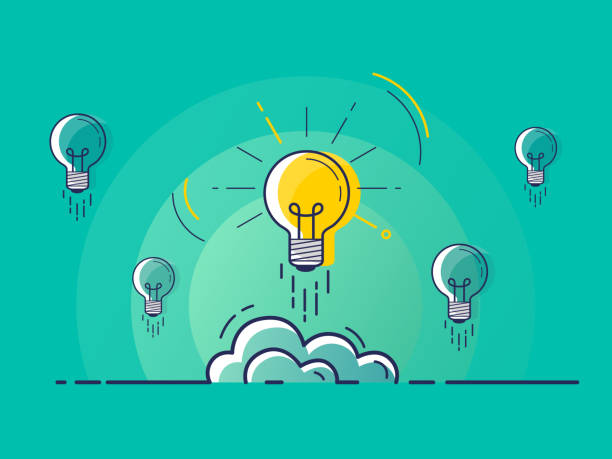istock Set of light bulbs rocket launch with one glowing. Trendy flat vector light bulb icons with concept of idea on green background. 1015327886