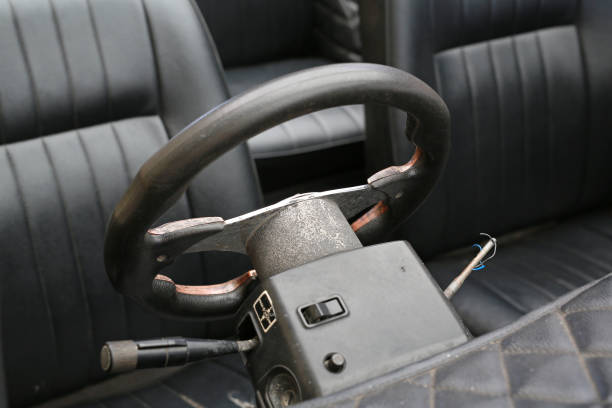 Steering wheel of old rusted car. Front view.