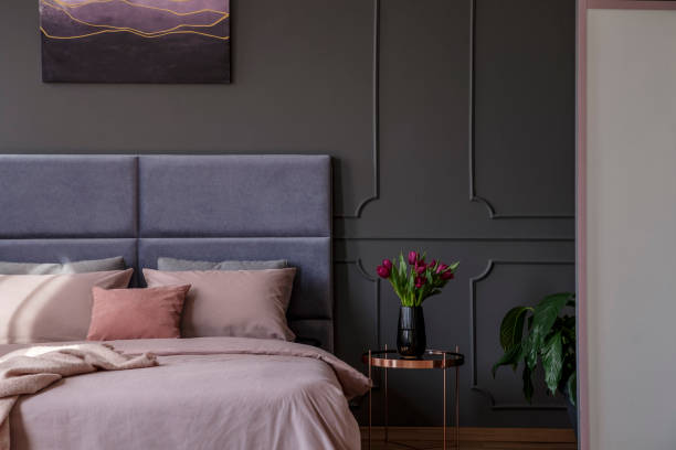 sophisticated pastel bedroom interior - sheet metal fotos imagens e fotografias de stock