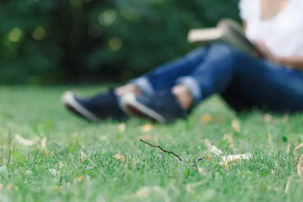 Concept - relax in the park. On a grass background, in the background, a girl in a soft focus reads a book.