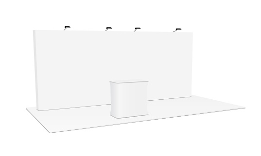 Rectangular pop up display system & podium. Blank trade show booth equipment. Vector illustration