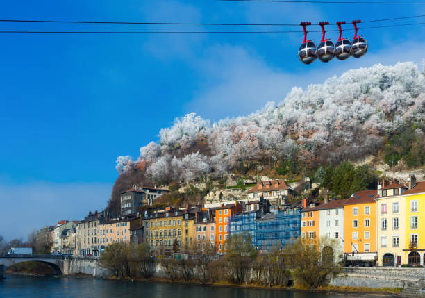 Famous bubbles of Grenoble cableway from center of town up to Bastille fortress