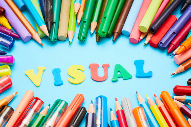 istock Many mixed pens, pencils, crayons surround word VISUAL on blue 1015350990