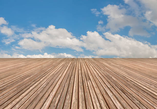 Wooden boards leading out to the horizon on sunny day