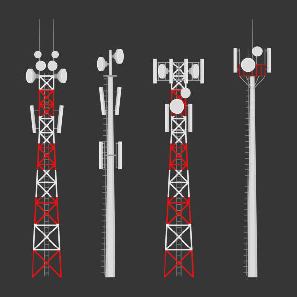 Transmission cellular wireless towers vector set Transmission cellular towers vector set. Mobile communications tower with satellite communication antennas. Radio tower for wireless connections. radio silhouettes stock illustrations
