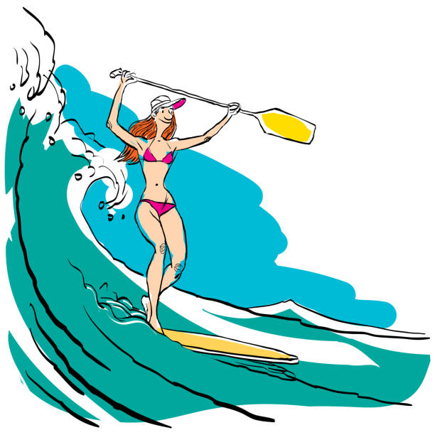 ilustrações de stock, clip art, desenhos animados e ícones de woman doing stand up paddling on paddle board on water at seaside - stretch beach