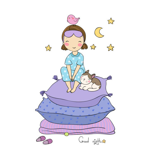 Girl And Cats Good Night Sweet Dreams Stock Illustration - Download Image  Now - Pajamas, Adult, Adults Only - iStock