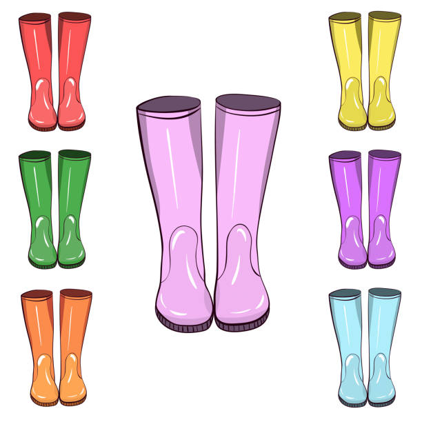 gummistiefel, gummistiefel. schützen sie vor wasser und mucky gelände. - rain protection personal accessory autumn stock-grafiken, -clipart, -cartoons und -symbole