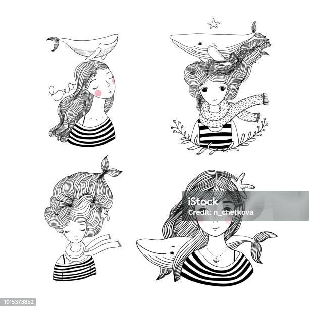 Set With The Girls Sailors Marine Theme Cartoon Mermaids Sea Animals Stock Illustration - Download Image Now