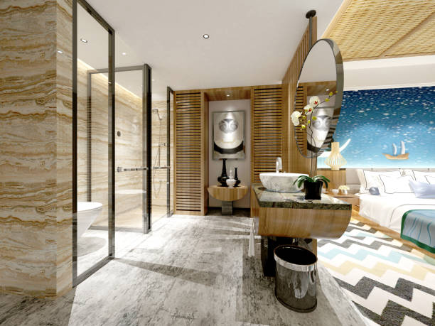 istock 3d render of luxury modern hotel room 1015387794