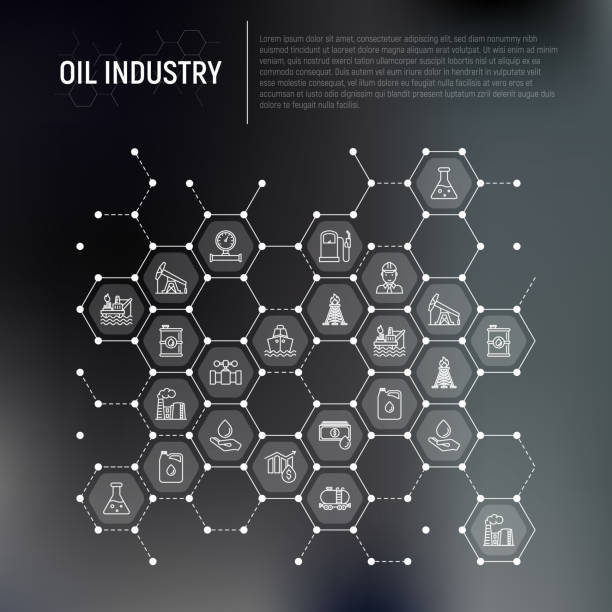 細い線のアイコンとハニカムで石油業界概念: ガス、石油、ディーゼル、トラック、タンカー、船舶、製油所、バレル。現代ベクトル図では、web ページのテンプレート。 - gas can fossil fuel backgrounds gasoline点のイラスト素材／クリップアート素材／マンガ素材／アイコン素材