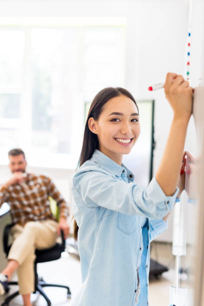 istock happy asian student girl writing on whiteboard during lesson with blurred teacher on background 1015393290