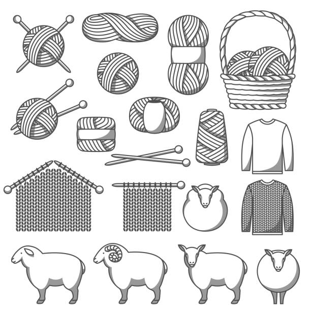 ilustrações, clipart, desenhos animados e ícones de conjunto de itens de lã. bens para feitos à mão, tricô ou alfaiataria - knitting sweater crochet wool