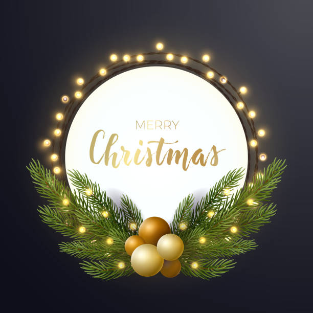 istock Round Christmas design with decorative light bulb garland, fir tree branches and gold xmas balls on dark backround. Vector illustration. Template for banner, card or flyer. 1015400338